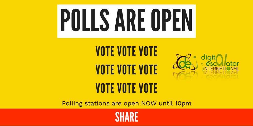 DigitalEscalatr's tweet photo. IT'S ELECTION DAY!
Polling stations nationwide are OPEN.
Retweet to let everyone know you're voting! ❎🗳

#Vote2017 https://t.co/GkKIq7XsAM