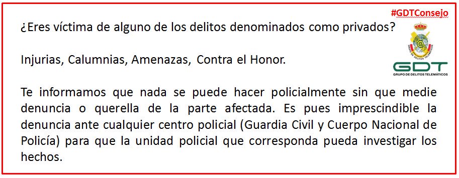 GDTGuardiaCivil's tweet photo. #GDTConsejo ¿Eres víctima de alguno de los delitos denominados como privados? #Injurias, #Calumnias, #Amenazas,  #ContraelHonor ¡DENUNCIA! https://t.co/iuKuLkgiwk