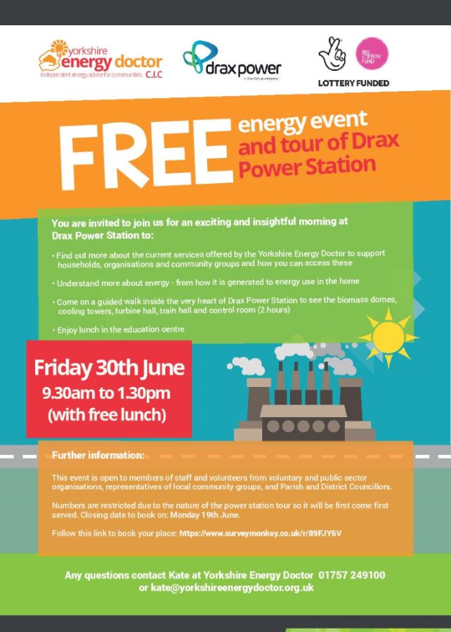 Free energy event and tour of Drax Power Station, 30th June, 9.30am to 1.30pm. Book your place here: surveymonkey.co.uk/r/89FJY6V