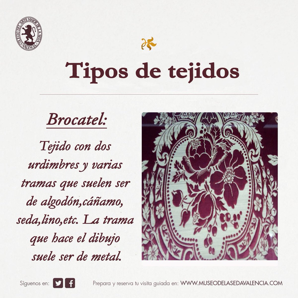 MuseoSeda's tweet photo. El #brocatel es un #tejido que combina tramas de metal con tramas de otros materiales como cáñamo,algodón o lino. Visítanos.#Valenciaesseda https://t.co/a7gD2lNdkc