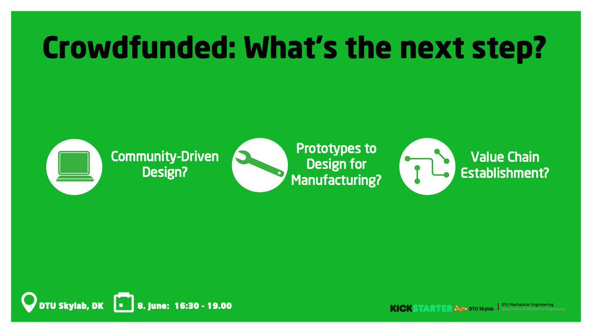 DTUSkylab's tweet photo. Join us today 4.30-6.30 for a no-nonsense event on what happens after projects get crowdfunded.@kickstarter &amp; startups will be here! Will U? https://t.co/z03fKtPHtI