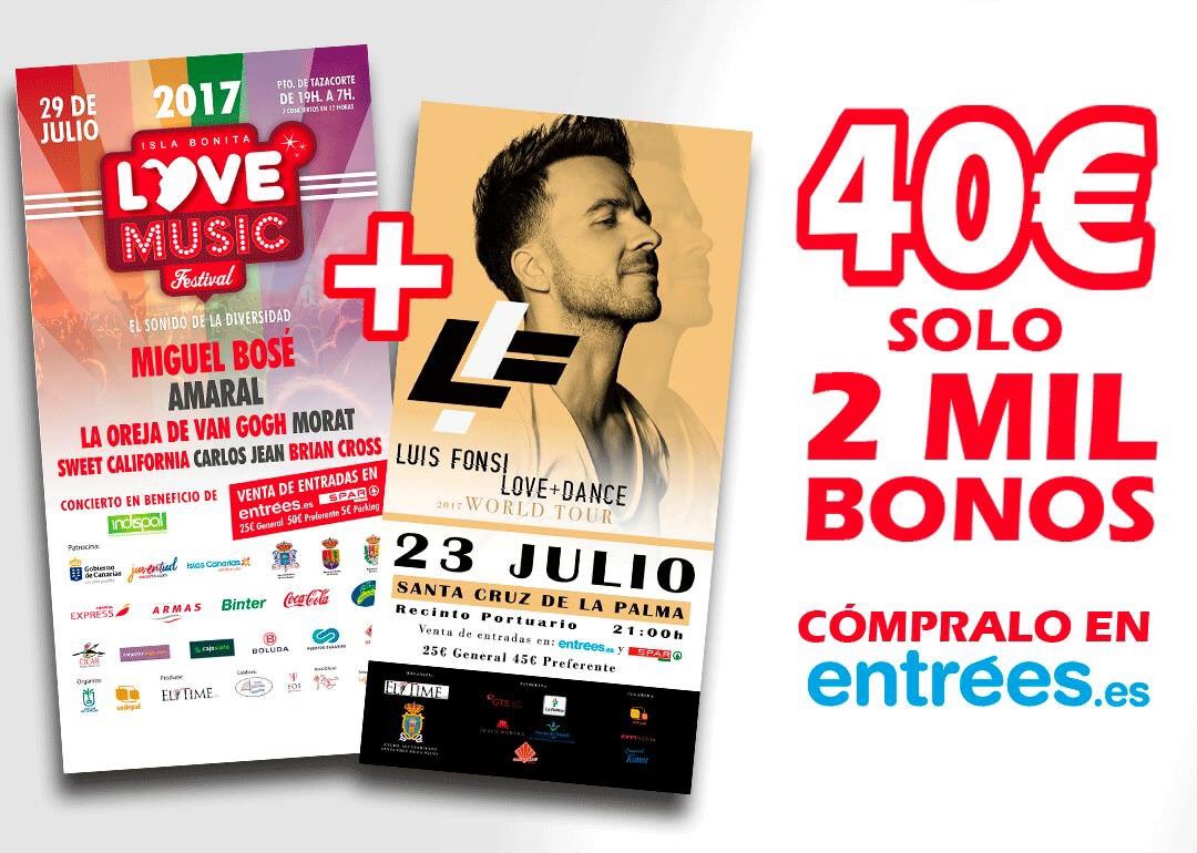 #LoveMusicFestival ➕<a href="/LuisFonsi/">Luis Fonsi</a> (23 y 29 julio)por 👉🏼40€. Promo especial que puedes adquirir desde <a href="/EntreesPuntoEs/">Entrées.es</a> #IslaBonitaLoveFestival