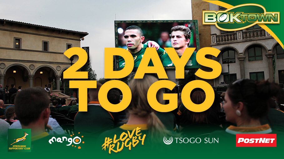 SABoksupporter's tweet photo. We are officially 2 days away from kick-off! Send us your #Bokmagic pics to show your excitement and support if you #LoveRugby! https://t.co/k2B2T0Kllm