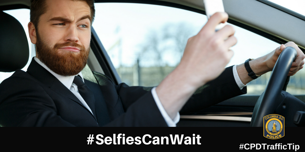 ColumbiaPDSC's tweet photo. We want to make sure you stay safe while driving, please put down your phone & keep your eyes on the road! #CPDTrafficTip #SelfiesCanWait https://t.co/9rCamXBj6l