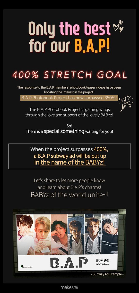 Makestarcorp's tweet photo. @BAP_intl @BAP_BABYs_Base @_DreamBAP @BAP_Youngjae @BAP_TV @busanboy_ramyun @BAP_BABYJP @bap_s_o_u @BAP_INDO @headBangin_ @_himchanholic @PlanBAP @BAP_CW @BAParody @BAP_Jongup 오늘 우리 BABY들 원하는거 다 해!!! (박력)
#대현X종업 신곡에 #영재 티저에 이번엔 400% STRETCH GOAL😘
이번에는 BABY들이 기다리던 #BAP 지하철역 광고가 찾아왔어요❣️

▶️ https://t.co/Pu9VW7OORQ https://t.co/5wWagbKRNN