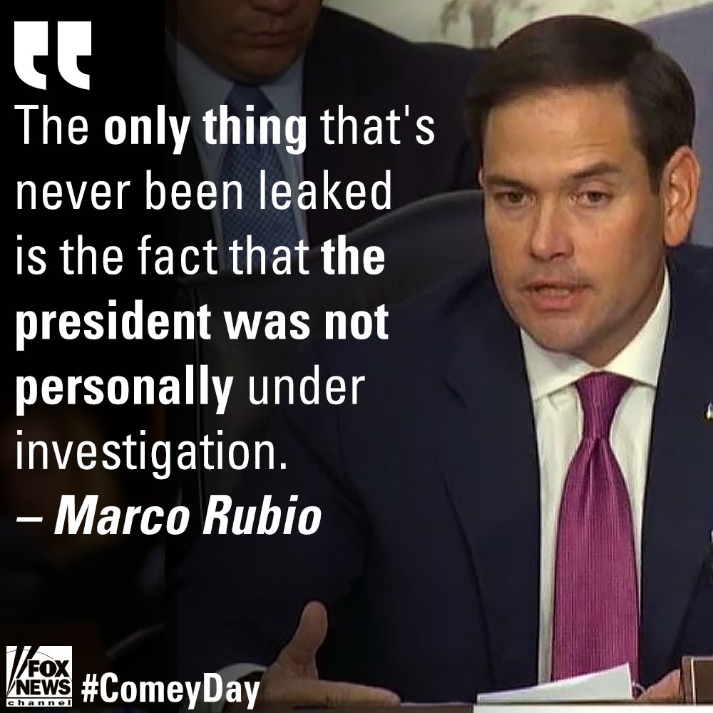 FoxNews's tweet image. .@MarcoRubio confirms with James #Comey that President #Trump was not personally under investigation. fxn.ws/2sHabNp