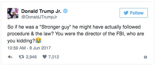 thehill's tweet photo. Trump Jr. defends father, attacks Comey in tweetstorm: https://t.co/wd3eNbohDb https://t.co/Wa5CqBrhbT