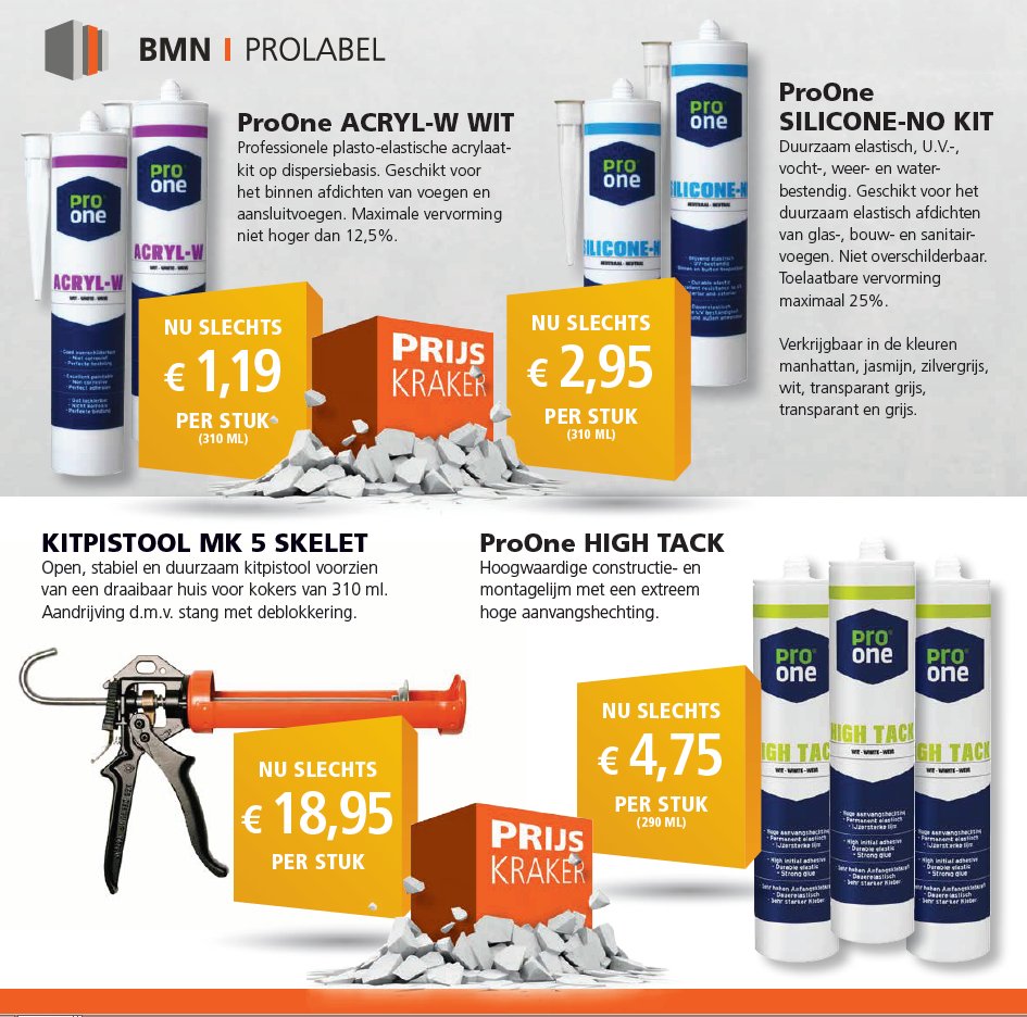 Alles kit(s)bij BMN!! Professionele en hoogwaardige kitten en lijmen van ons eigen Prolabel. Pak de prijskraker deze maand! #doenwe!