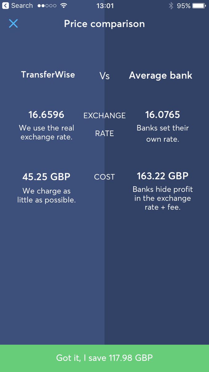 <a href="/TransferWise/">TransferWise (now @Wise)</a> fee comparison and savings is misleading! I just called @InvestecPB_UK &amp; they were cheaper than you !Great job @InvestecPB_UK
