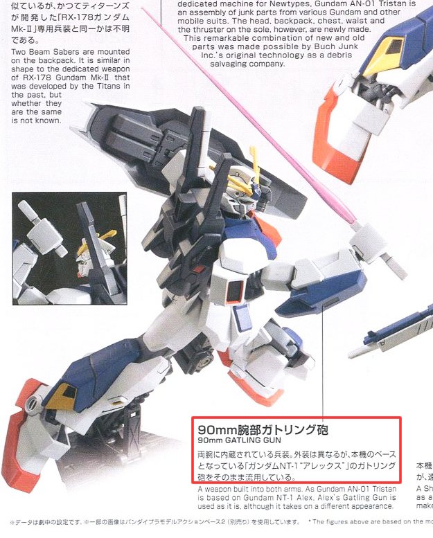 ろあの く Hgucガンダムトリスタンの腕部ガトリングガン アレックスのものをそのまま流用しているという設定でキットにも付属してるのに不使用になってて再現できないんだね でも接続方法が似てるからできないものかな 実はアニメだと開き方が違うとか