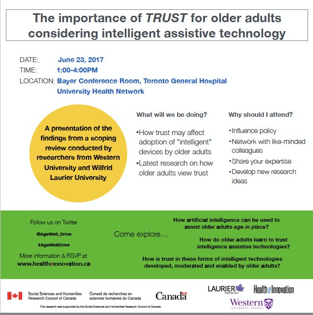 Kathy_Kuschel's tweet photo. Event in #Toronto General Hospital on #technology #innovation #olderadults #uxdesign. Join the #AgeWellDrive team! June 23, 2017. https://t.co/keL9gRN5vI