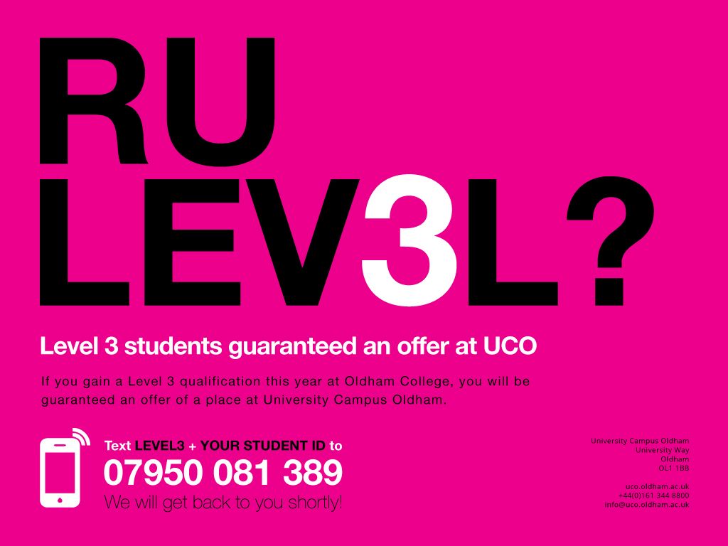 FacConstruction's tweet photo. R U Lev3l? @OldhamCollege learners guaranteed an offer of a place @UC_Oldham. Text LEVEL3 + your student ID to 07950 081 389 for more https://t.co/FntwWQaZJH