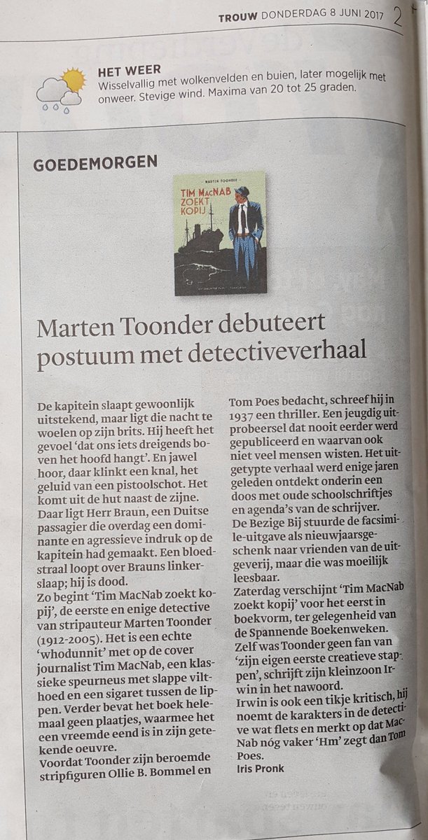 Vandaag in dagblad <a href="/trouw/">Trouw</a> op pagina 2 (!): 'Marten Toonder debuteert postuum met detectiveverhaal'. Zie ook: uitgeverij-personalia.nl/ongepubliceerd… #Bommel