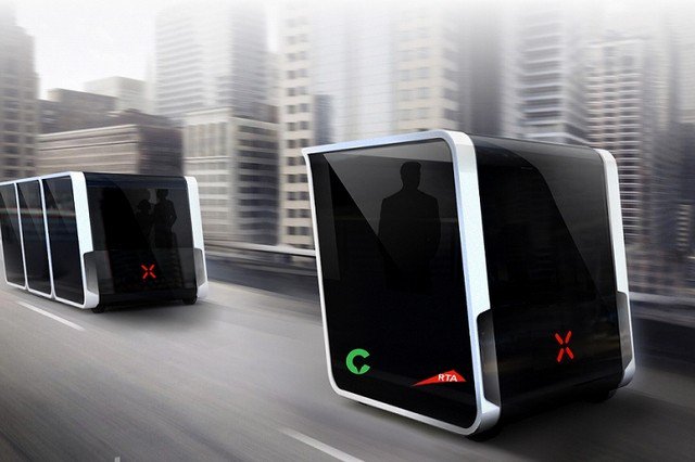 Renders of driverless pods going down the road.