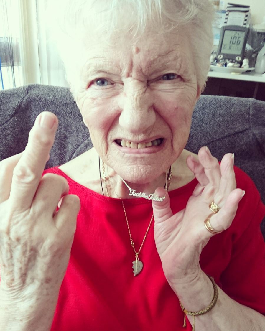 Wearing her birthday present from me! #fuckthetories necklace! And complimentary red top!#vote #dontforgettovote #voteright #dowhatnanasays