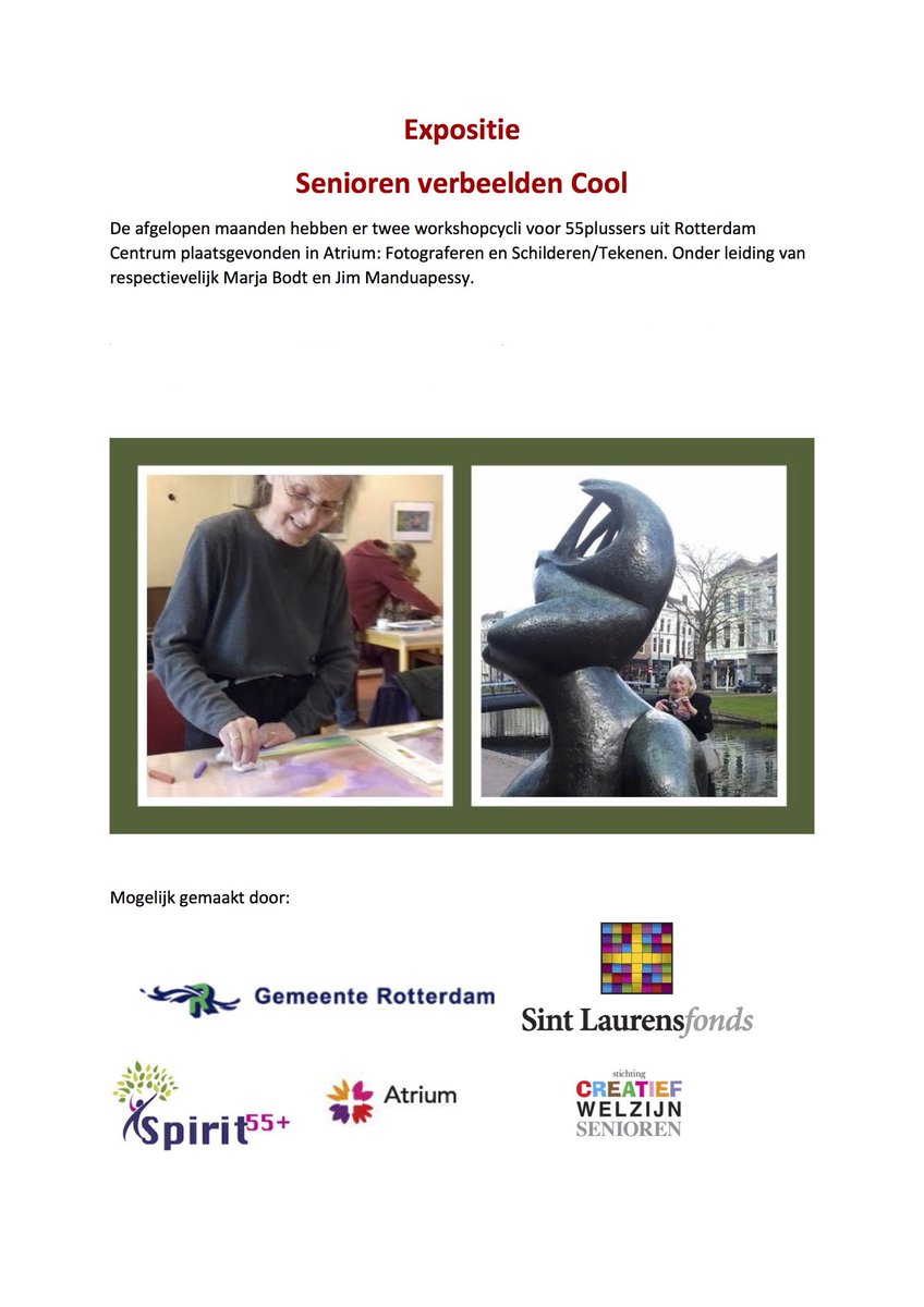 cwelzijnsenior's tweet photo. Van 1 juni tot 24 augustus nog te zien: Tentoonstelling Senioren verbeelden Cool.
Wijkgebouw Stadsdriehoek Kipstraat Rotterdam #wmoradar https://t.co/0Sx6oGMN13