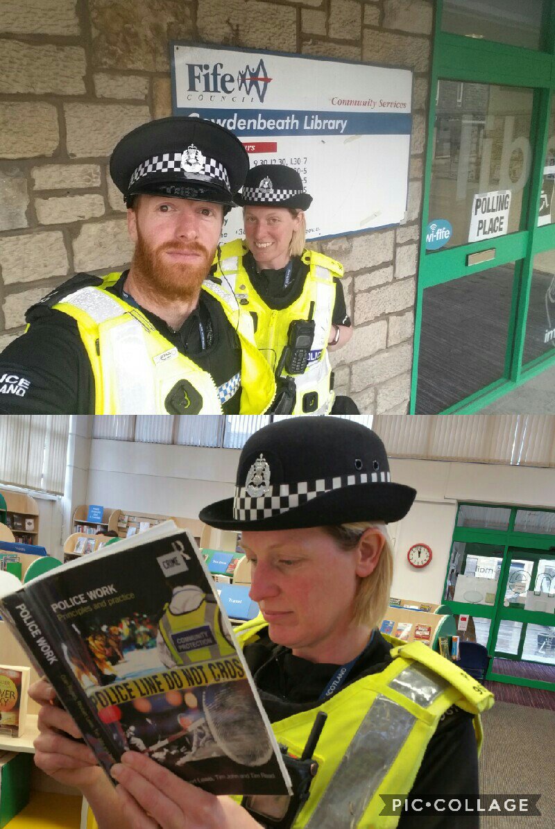 PSOSCowdenbeath's tweet photo. Back on the election trail at @onfifelibraries. PC Menzies took the opportunity to learn on the job! 👮📚 #Vote2017 #principlesandpractice https://t.co/9lh8dvMnYP