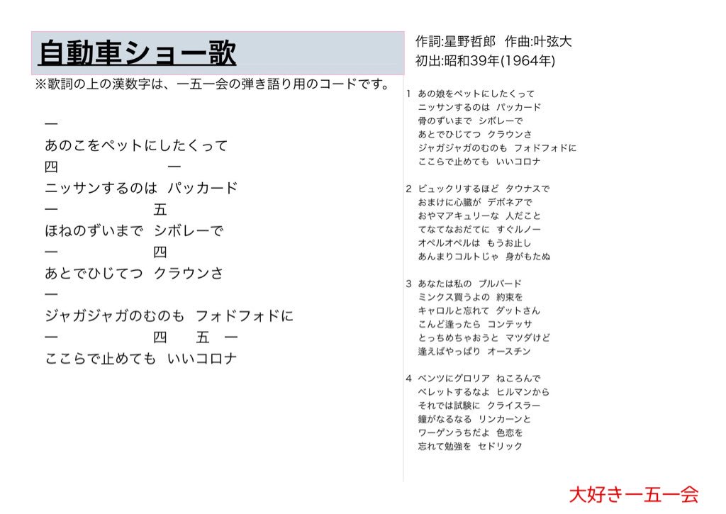 大好き一五一会 自動車ショー歌 歌詞と一五一会の楽譜 そしてyoutubeのリンクです T Co Lfmdyycguk 151e 一五一会 T Co Bzlfikrfzp Twitter