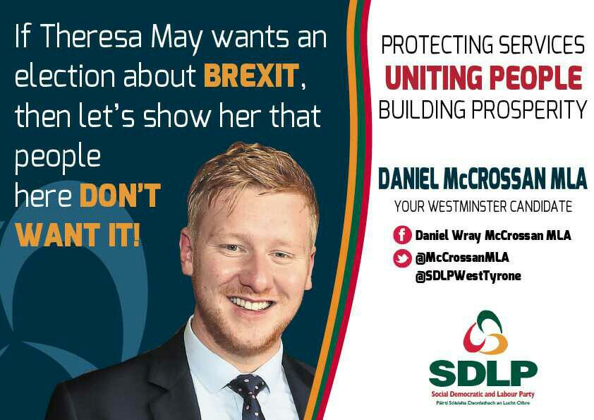 SDLPWestTyrone's tweet photo. This election today is about Brexit. If you want to #TakeOnTheTories, vote SDLP @McCrossanMLA @SDLPlive #GE2017 #WTY17 https://t.co/cil3V65lxr