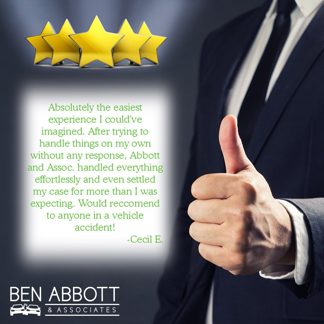 BenAbbottTX's tweet photo. Thank you Cecil! We work hard at Ben Abbott & Associates for you so you don't have to. :) #BenAbbott #ThankfulThursdays #reviews #carwreck https://t.co/iQvpjSuPI9