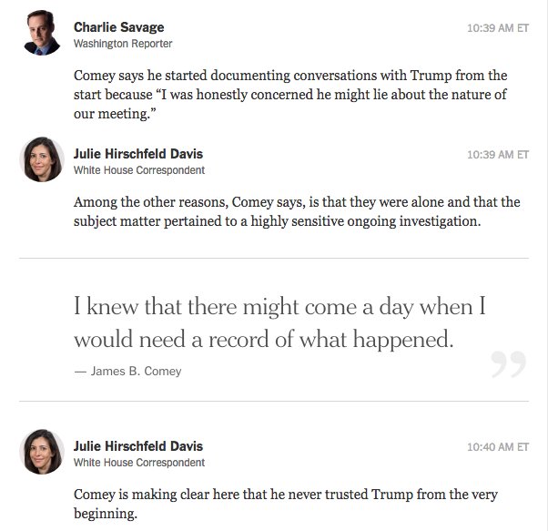 nytimes's tweet photo. "Comey is making clear here that he never trusted Trump from the very beginning," @juliehdavis writes. https://t.co/KBpHZadR0t https://t.co/kQQNvYFzhz