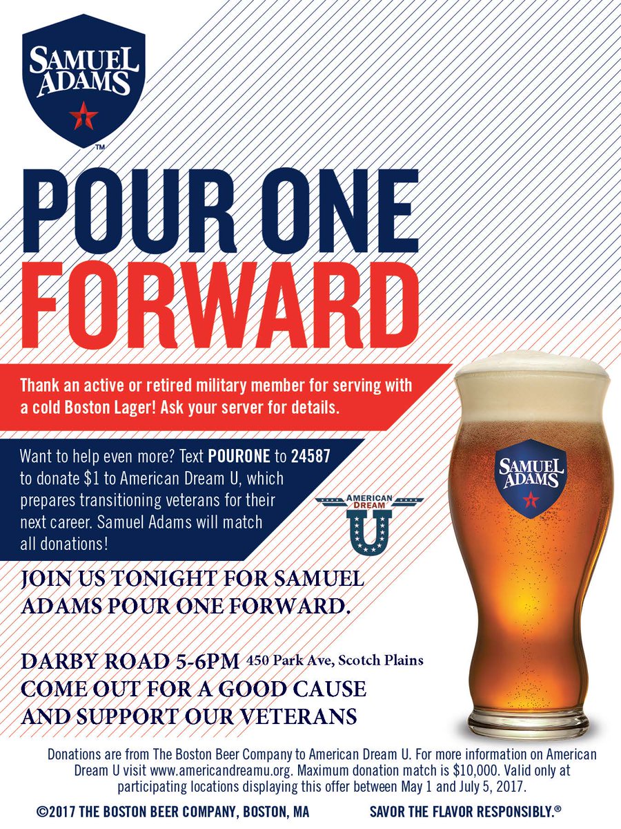 PeerlessBev's tweet photo. Support a Veteran TONIGHT @DarbyRoadPub with @SamuelAdamsBeer 5-6pm #pourone #pouroneforward #beerdoinggood https://t.co/thylFyFloy