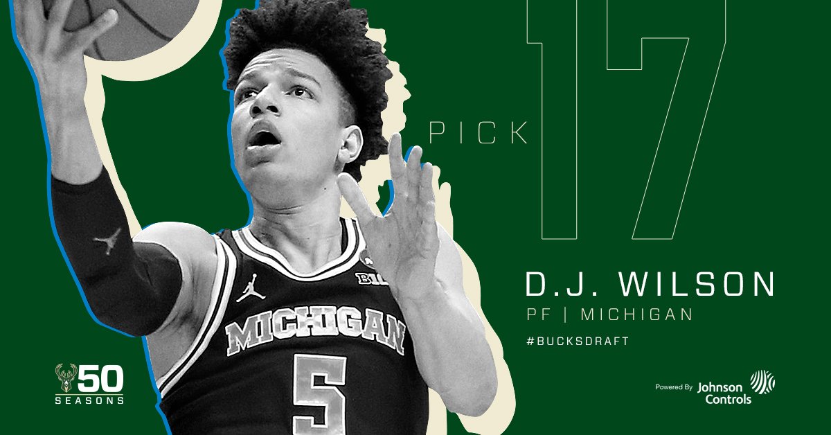 Bucks's tweet image. With the 17th selection in the 2017 @NBADraft, the Bucks select D.J. Wilson, @Lanky_Smoove!!

#BucksDraft | #FearTheDeer