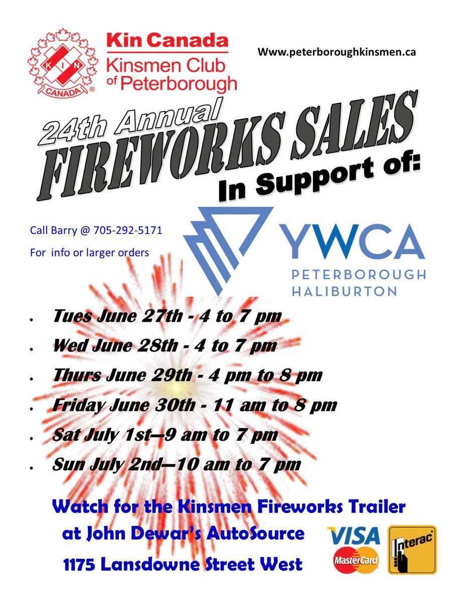 Need fireworks? Get them from <a href="/PtboKinsmen/">Peterborough Kinsmen</a> &amp; proceeds will go to support @YWCAPtbo. Located at <a href="/AutosourcePtbo/">JohnDewarsAutosource</a> <a href="/PtboThisWeek/">Ptbo This Week</a> <a href="/PtboExaminer/">PeterboroughExaminer</a>