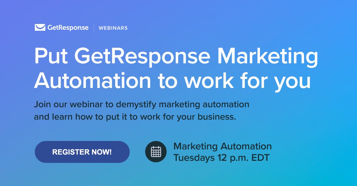 getresponse's tweet image. Join us for a webinar about making #makingautomation work for you! Tuesday at 12 PM EDT. Register online at: bit.ly/2sHz3Fd