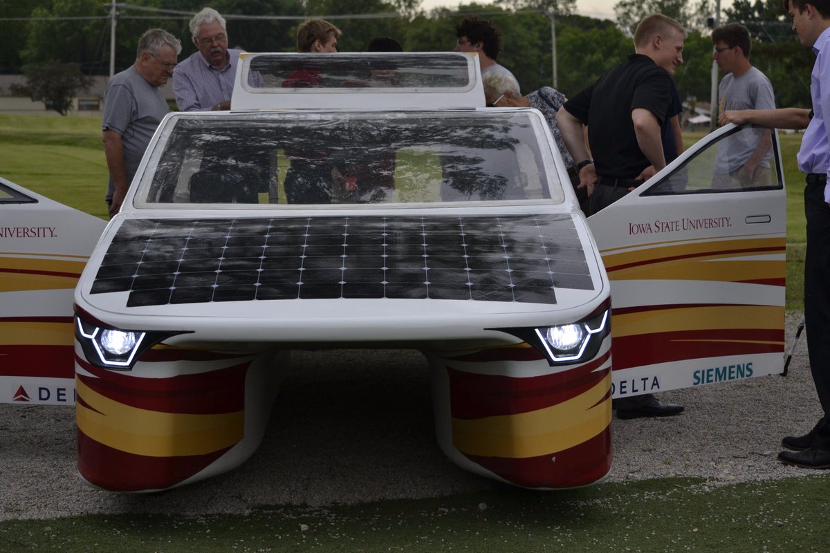Woodyk1's tweet photo. ISU solar car Penumbra makes a stop today in Cedar Rapids. @ankraus29 was there to answer some questions. #SunRun99 @PrISUm_Solar https://t.co/m000tHrd9d