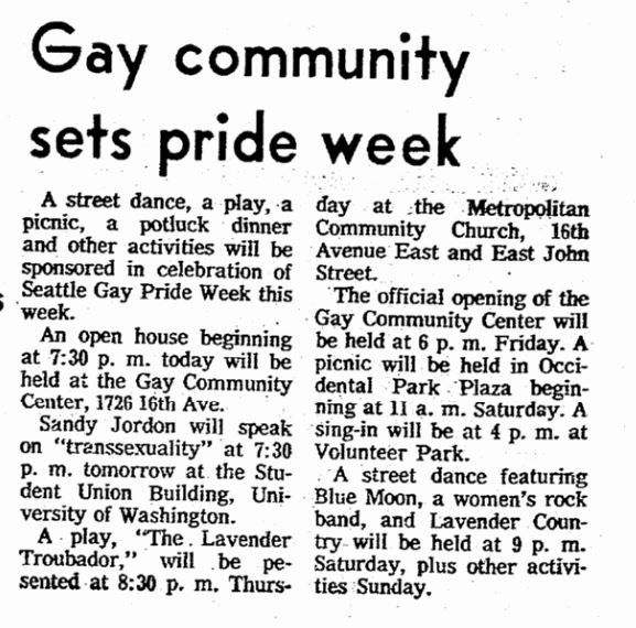 pgcornwell's tweet photo. One of @seattletimes' first references to Seattle Pride, in 1974. https://t.co/niQx3RFNY8 https://t.co/Bc3CYqohuO