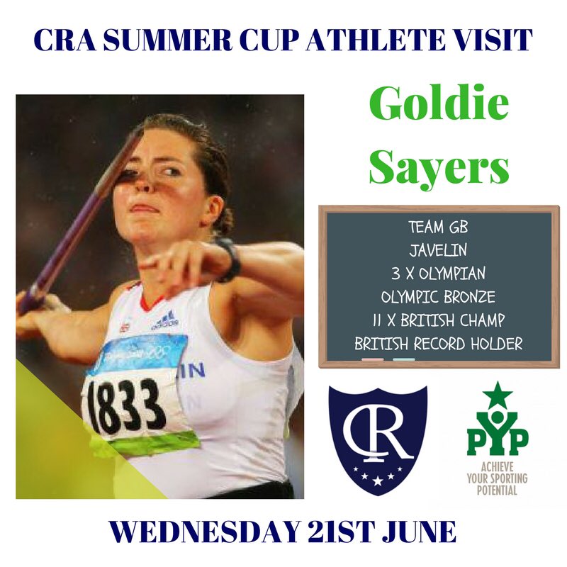 SportatCRA's tweet photo. Delighted to have Olympic Javelin thrower @goldiesayers visiting @Charles_Read_ to work with a number of students ahead of the Summer Cup https://t.co/VKcWTlFa5U