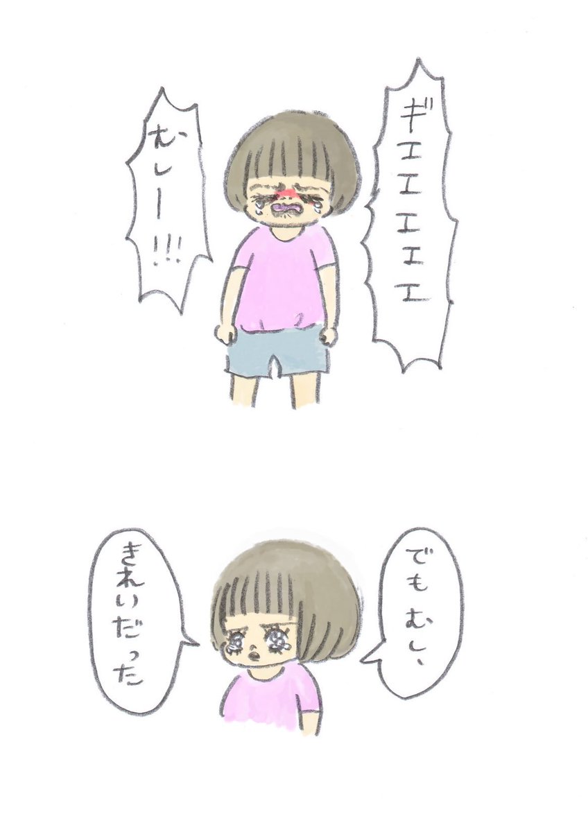 昨日公園で滑り台の上に虫がおったらしく、子供が怖くて号泣してたんだけど少し落ち着いてから「でもむし、きれいだった」って言ってた。 