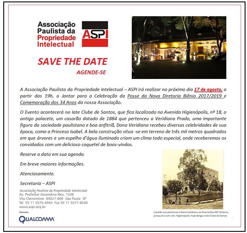 ASPIORGSP's tweet image. SAVE THE DATE - JANTAR DE POSSE DA NOVA DIRETORIA BIÊNIO 2017- 2019 e Comemoração dos 34 Anos da ASPI.