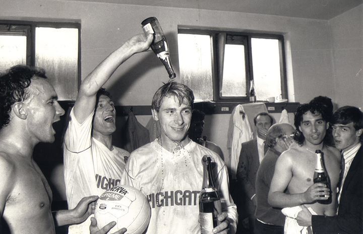 FellowsPark's tweet photo. Dressing room celebrations following our Play Off success against Bristol City in May 1988.. #saddlers https://t.co/ejXpbh9Kka