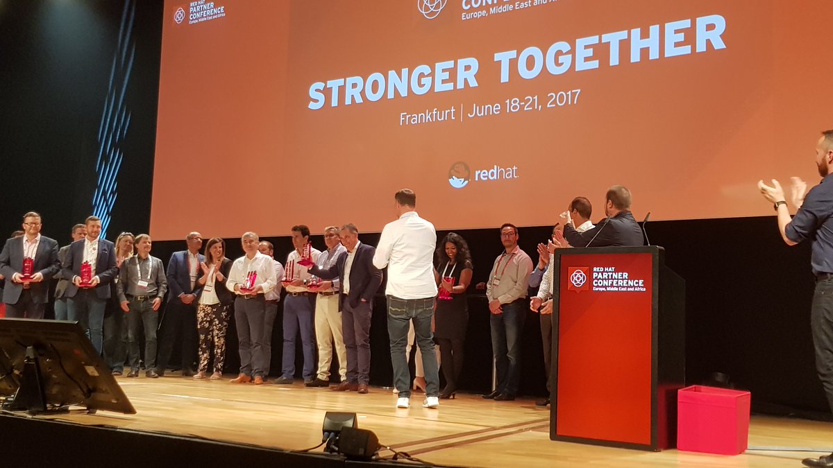 linuxpolska's tweet photo. We are the champions!!! Linux Polska has won EMEA's  Innovator of the Year Award during @RedHatPartners #RedHatPC  #StrongerTogether https://t.co/H9qdeFfVBj