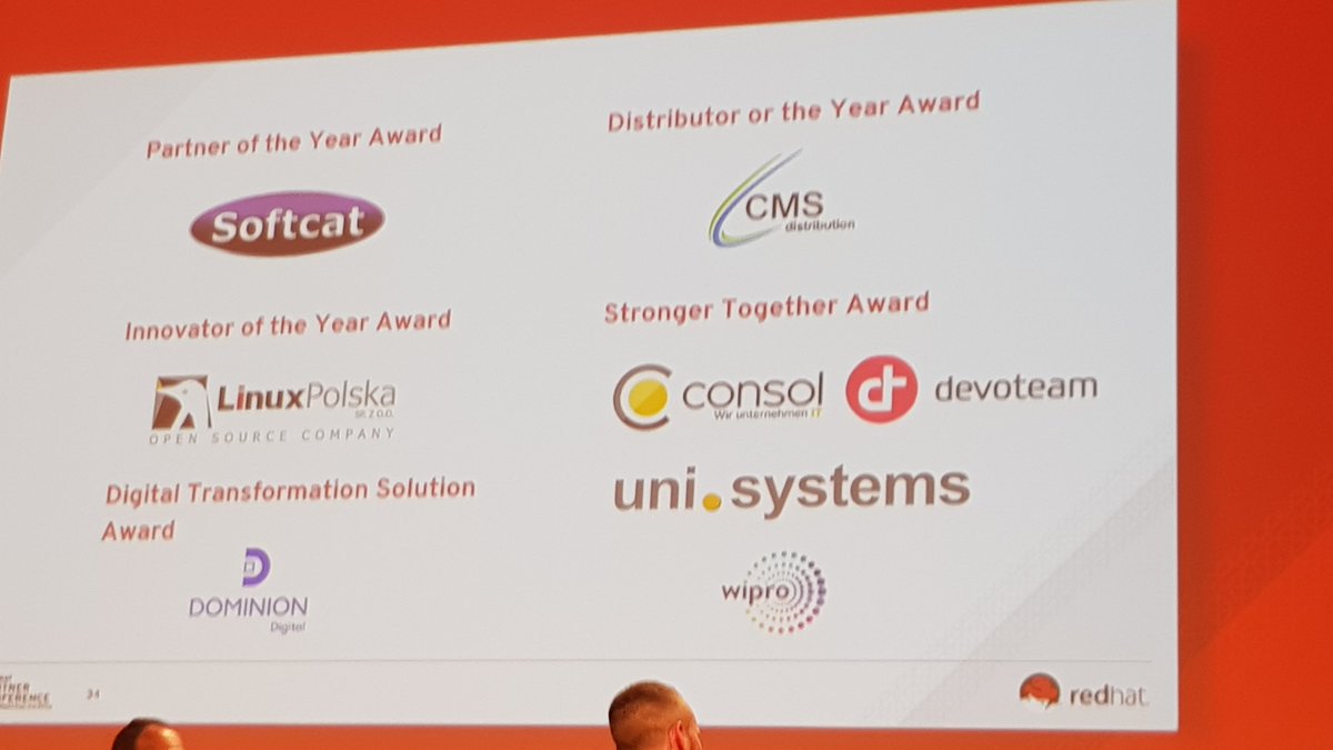 linuxpolska's tweet photo. We are the champions!!! Linux Polska has won EMEA's  Innovator of the Year Award during @RedHatPartners #RedHatPC  #StrongerTogether https://t.co/H9qdeFfVBj