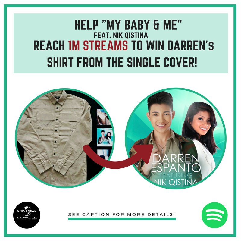 UMG_PH's tweet photo. Come on, Darrenatics! Help Darren reach 1M streams on Spotify 👆 and get a chance to take home his shirt! 😎https://t.co/gfpUoQC7nx https://t.co/dDGYLCINZA