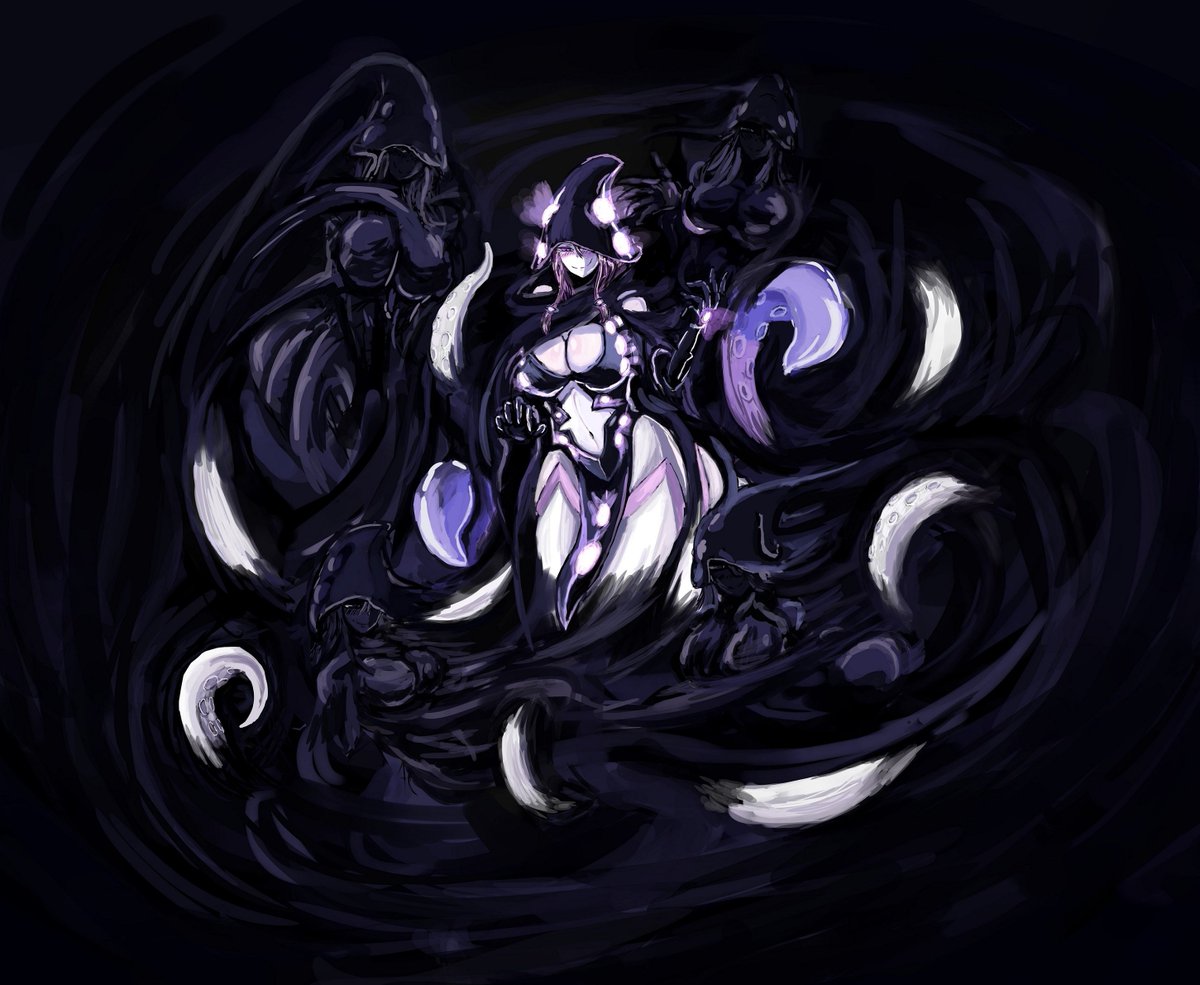 クラーケンさん
闇の中でもなお抵抗する相手に対して
墨で作った分身（感覚共有付き）で
ネチネチ責め立て抵抗力を削ぎ
最後には分身体と一緒に襲い掛かる

はっきり見える本体からの責めと
墨に紛れてよく見えない分身体の責め
この波状攻撃によって相手を屈服させる感じ
#魔物娘図鑑二次