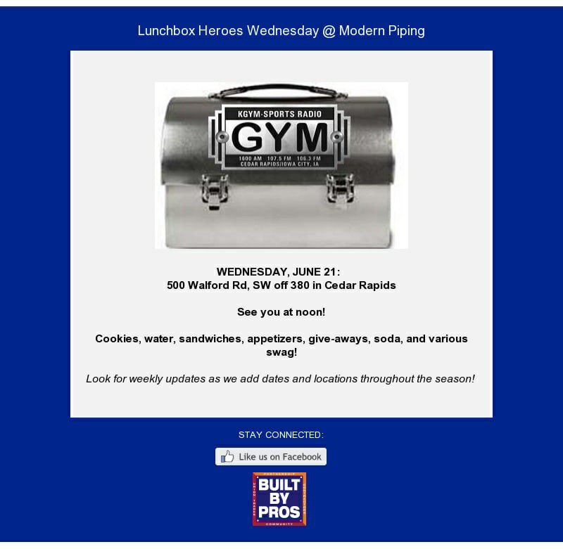 modern_co_1939's tweet photo. Today at our fabrication facility in Cedar Rapids we are hosting a #BuiltByPros Lunchbox Heroes Event! See you at noon! https://t.co/ZJ9hT6eCBR