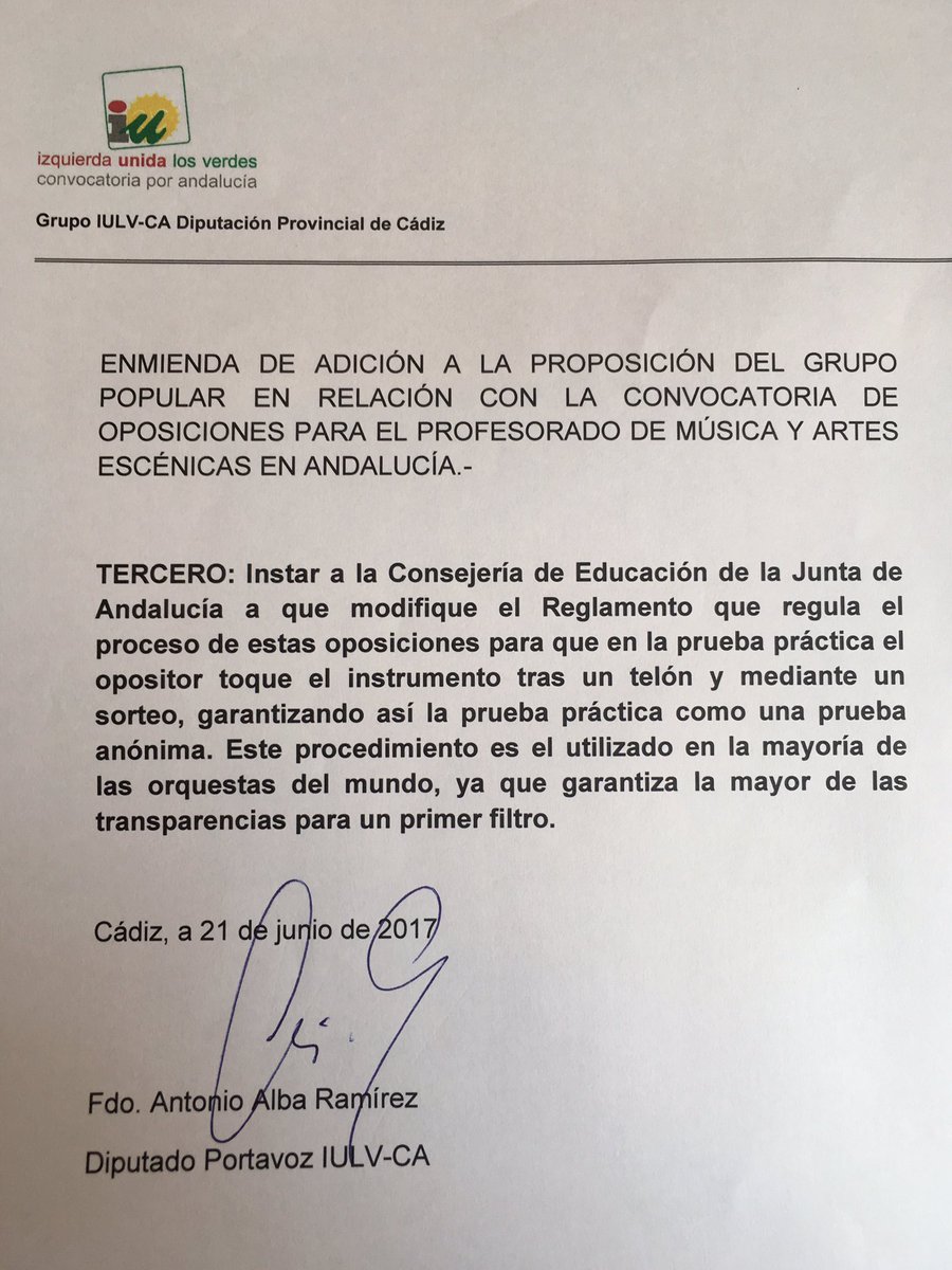 iucadiz's tweet photo. IU incluye enmienda a moción PP para que las pruebas prácticas en #OposConservatorio garanticen el anonimato y la transparencia #Diputación https://t.co/7iEPLYVoHE