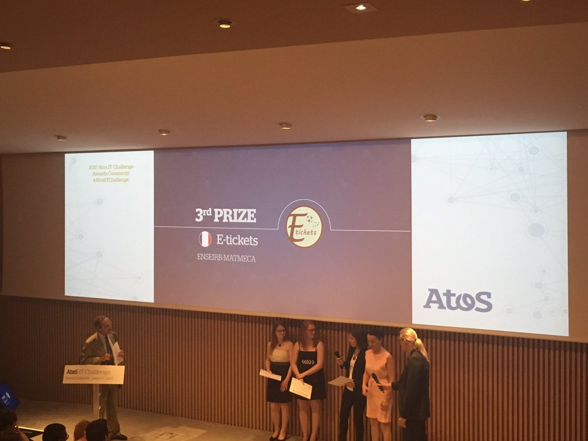ENSEIRBMATMECA's tweet photo. Bravo à l'équipe @EticketsAtos @ENSEIRBMATMECA qui termine 3ème de l'#AtosITChallenge 2017 ! Nous sommes fiers de vous :) ! https://t.co/BWnAeYGBSc