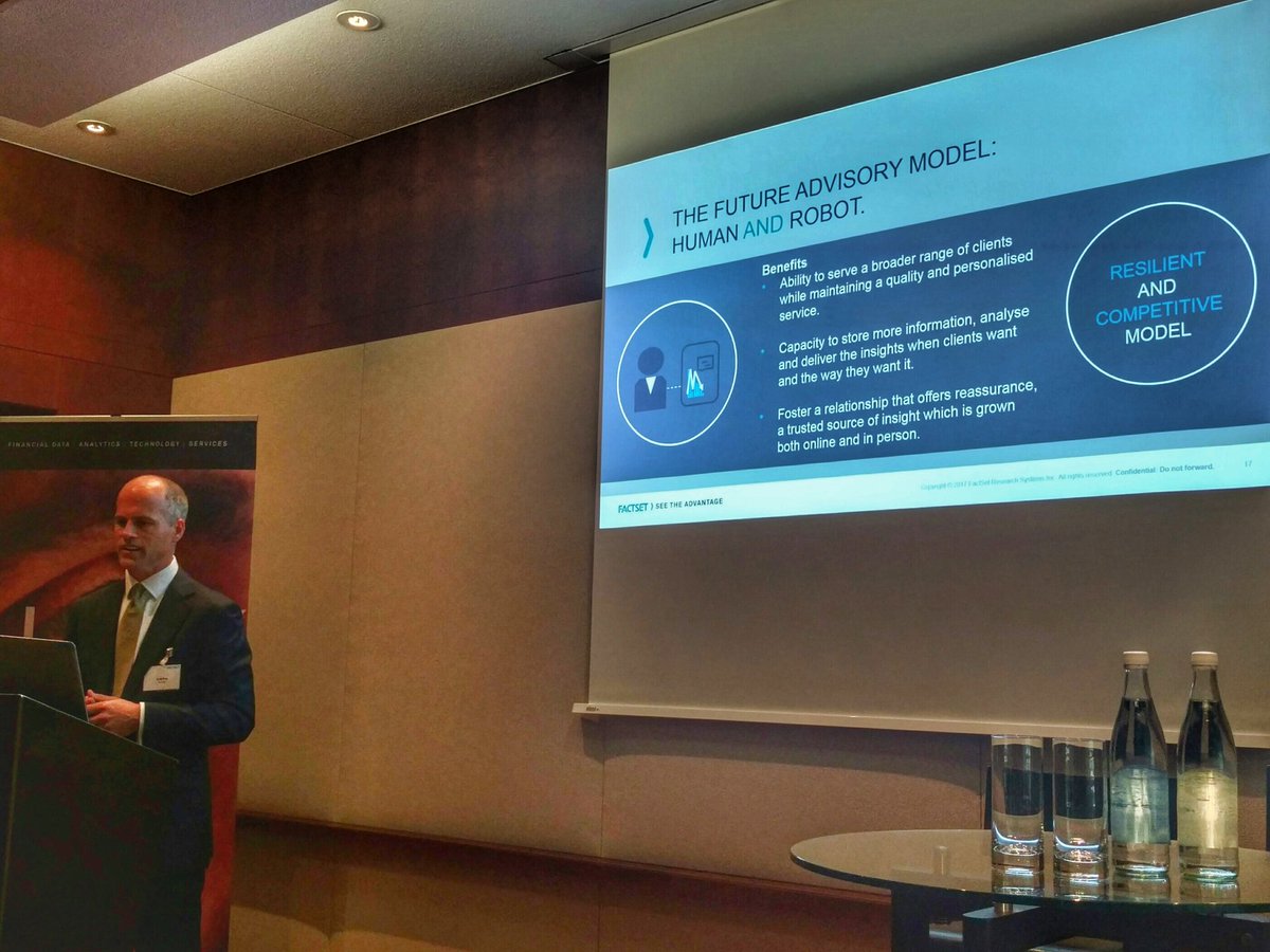 UrsBolt's tweet photo. The future in #WealthManagement is Human and Robot! – #GregKing at @FactSet breakfast briefing in #Zurich. #wealthtech #fintech #regtech https://t.co/SD8uBZUXqD