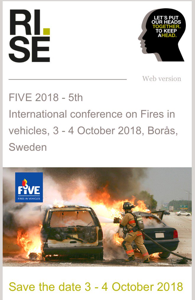 RISEFR's tweet photo. Save the date! #FIVE2018 International conference on fire in vehicles, 3-4 Oct 2018, Borås: https://t.co/7lPgb1KBMv https://t.co/fhTXrsAbVg