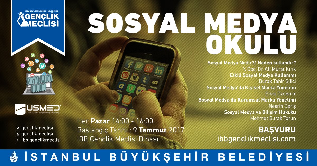 İBB Gençlik Meclisi Sosyal Medya Kulübü, Sosyal Medya Okulu projesi kapsamında eğitim programı düzenliyor.
Başvuru: bit.ly/2rBCE6y