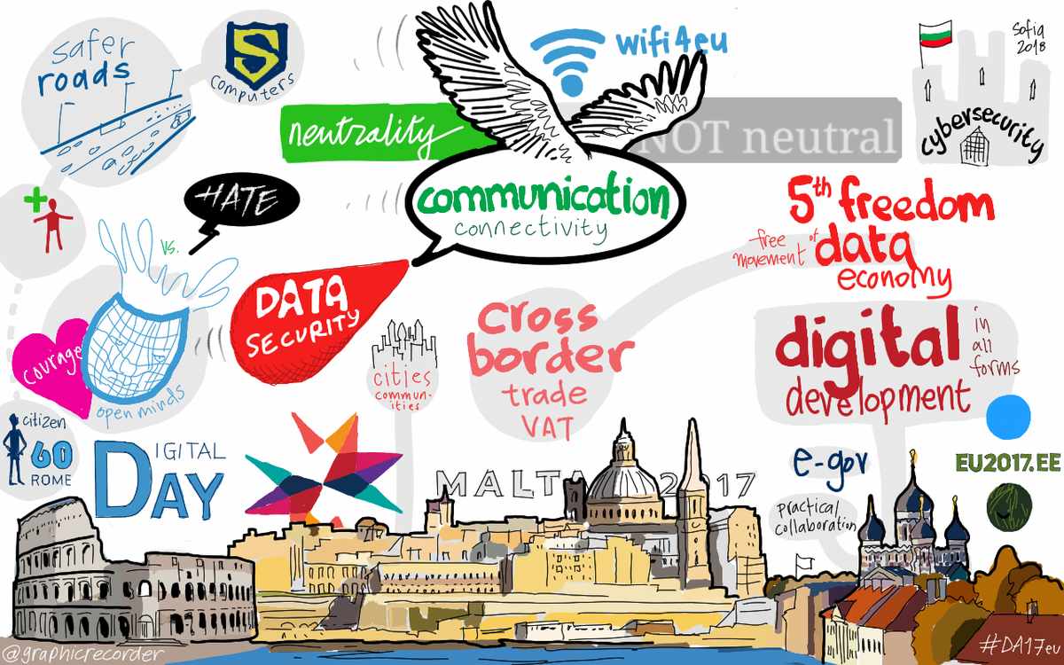 DigitalEU's tweet photo. Did you miss the debates at #DA17eu? Check out this cool visual summary by @graphicrecorder &amp; read the key tweets https://t.co/T3ujsDHzV5 https://t.co/SFNk2XAeSw