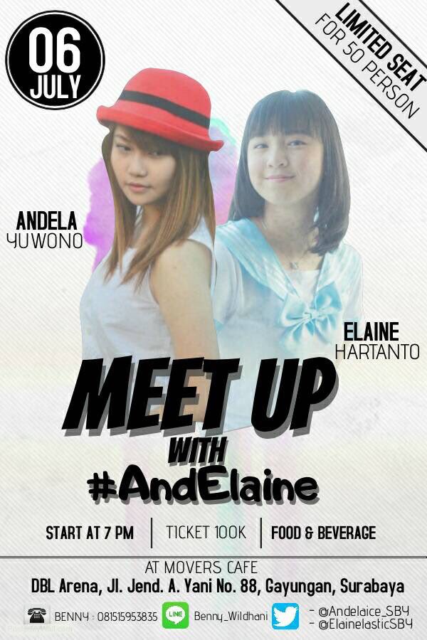 Yok dateng event #AndElaine di Surabaya tgl 6 July with <a href="/andelandel97/">Andela Yuwono</a> &amp; <a href="/Elnhrtnt/">Elaine Hartanto</a> 
Cc: <a href="/Elainelastic/">Elainelastic</a>