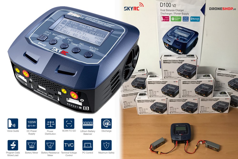 NIEUW: SkyRC D100 V2 1S-6S LiPo acculader met smartphone bediening droneshop.nl/accessoires/ac…