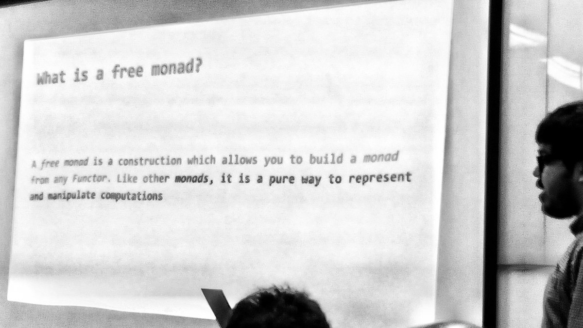 a_lorenzani's tweet photo. What are free monads? #ScalaCentral @Scala_Central #scala #freemonads https://t.co/lxFGnUCoQd