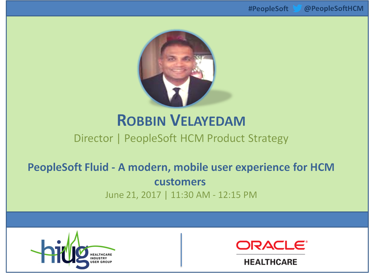 PeopleSoftHCM's tweet photo. SOON! Know more about #PeopleSoft #HCM #Fluid features & investments, Customer experience & more with @islander33 @HIUG_Interact #Interact17 https://t.co/lBwGrtjZCd